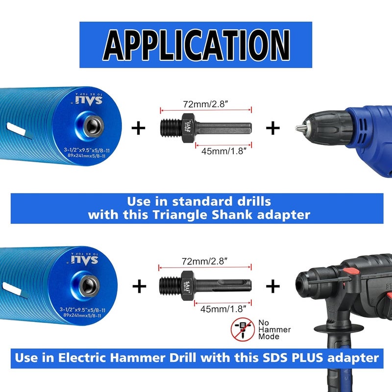SALI Diamond Core Drill Bits 5 1/2" Diameter 10"/254mm Drilling Depth 5/8-11" Thread Core Bit Turbo Laser-Welded Segments for Cured Concrete with, Brick, Block, Masonry, with Two Adapters - Image 4